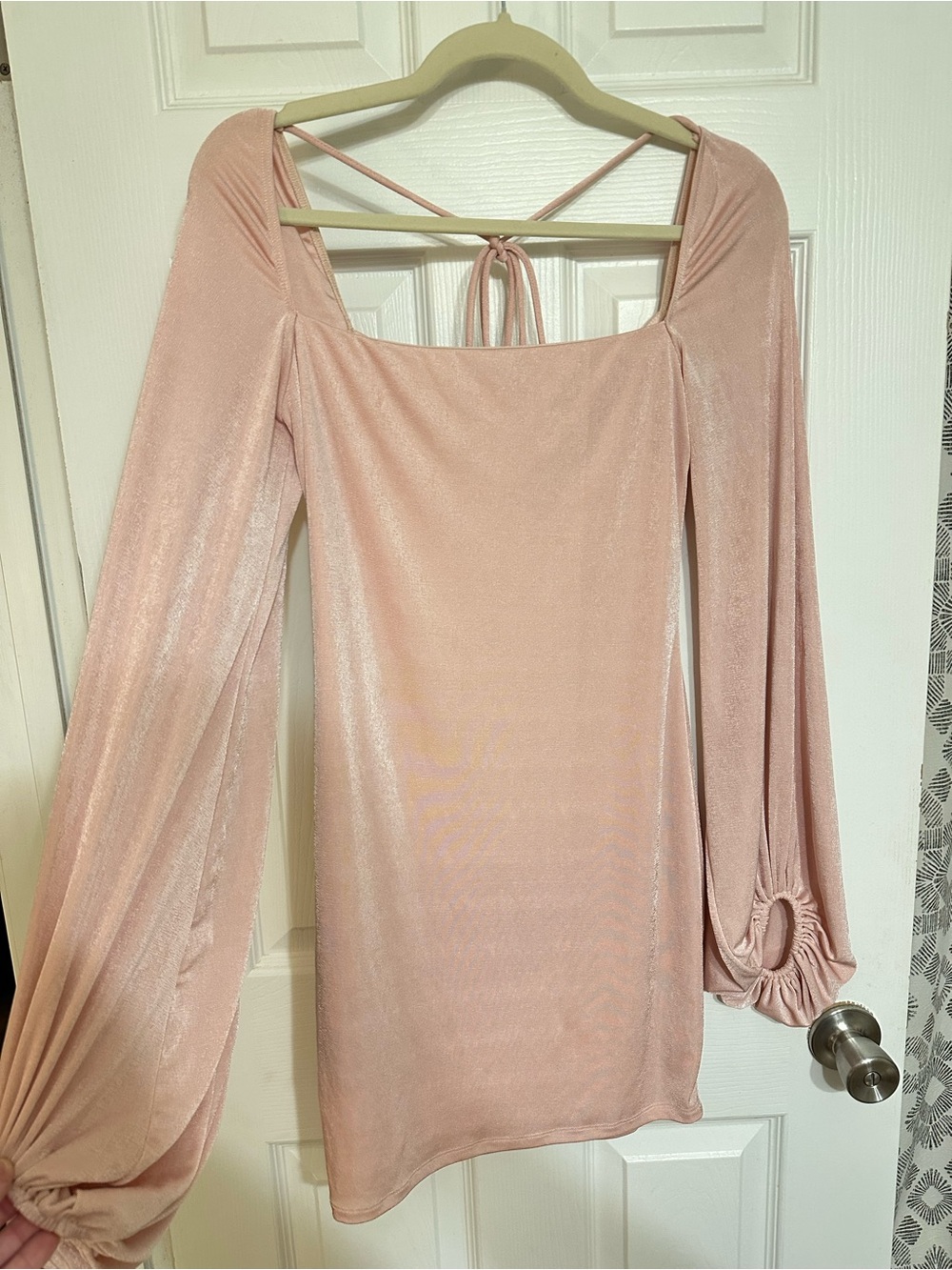 Lucy in the Sky Pink Satin Square Neck Balloon Sleeve Bodycon Mini Dress L Party